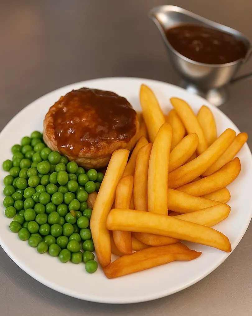 Handmade pie with chips, peas and gravy